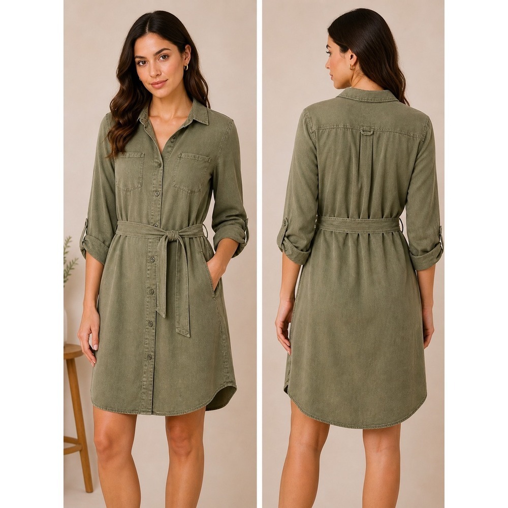 Velvet Heart Olive Green Linen Blend Roll Tab Sleeve Belted Shirt Dress Large